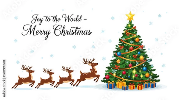 Fototapeta Festive Christmas Scene: A joyful christmas scene, with a decorated christmas tree, presents, and reindeer. Bringing the christmas spirit and happiness.