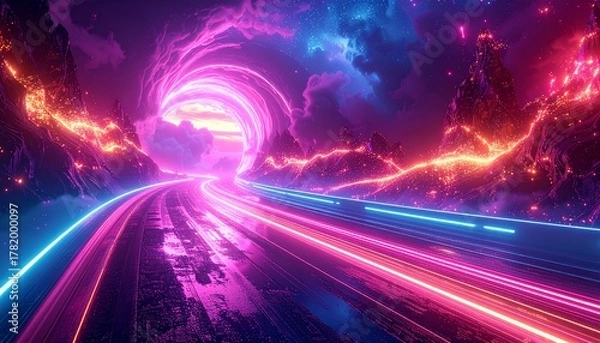 Obraz Portal to the Future: An electrifying journey through a neon tunnel, promising limitless possibilities, bathed in a fusion of vibrant colors, where time and space intertwine.