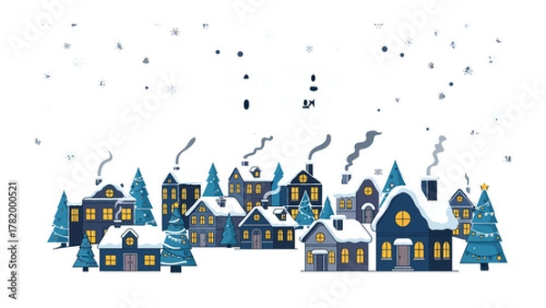 Fototapeta Winter Village Scene: A serene winter scene with snow-covered rooftops, illuminated windows, and the gentle falling of snowflakes.