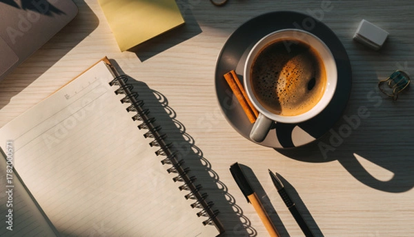 Obraz Work Space with a Coffee and a Note Pad: A well-lit workspace featuring a steaming cup of coffee beside a notepad, pen, and other stationary items.