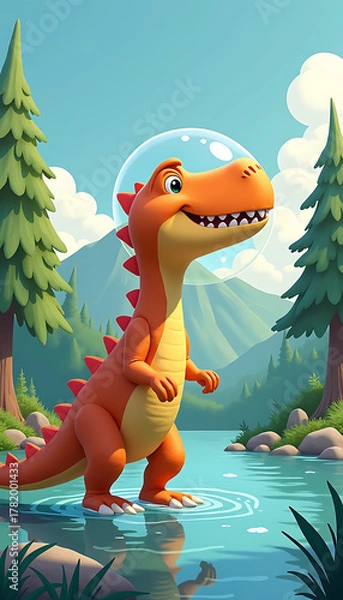 Fototapeta Orange dinosaur wearing a clear bubble helmet standing in water with trees