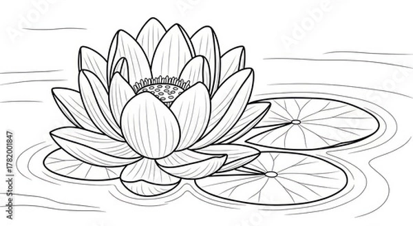 Fototapeta Elegant lotus flower illustration floating on water surface with lily pads