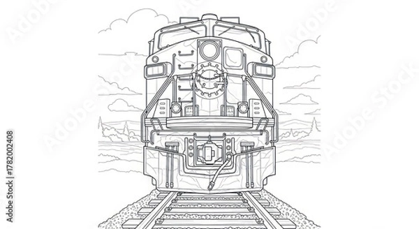 Fototapeta Front view of a diesel locomotive on tracks in line art illustration