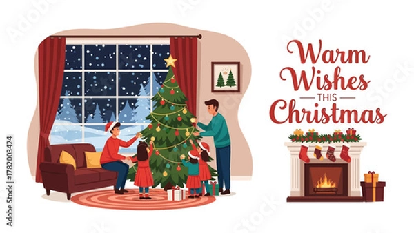 Fototapeta Warm Wishes Christmas: A family gathers to decorate the christmas tree beside fireplace, under the starry sky, warm moment in christmas day, Christmas atmosphere, joyful, sharing love