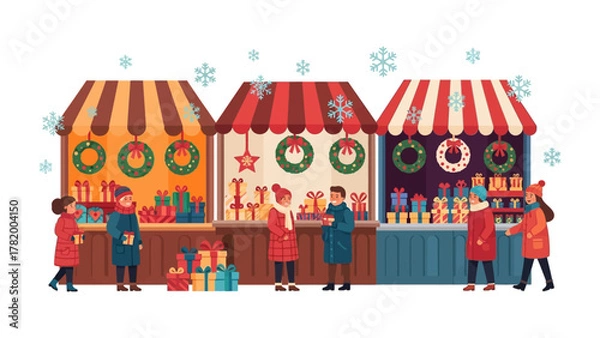 Obraz Festive Marketplace: A vibrant Christmas market scene, bustling with shoppers and decorated stalls filled with holiday treasures, creating a joyful and seasonal atmosphere.