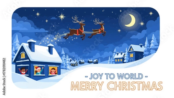 Obraz Winter Wonderland: A festive illustration captures the magic of Christmas, with a pair of reindeer soaring across a star-studded sky towards cozy homes blanketed in snow.