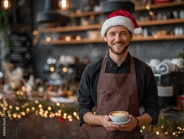 Obraz portrait of a barista in Santa hat, standing in a cozy cafe decorated for New Year