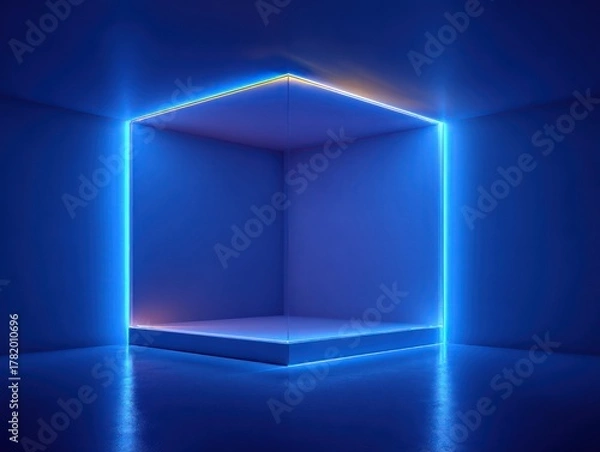 Obraz a geometric frame background with deep blue gradient tones, glowing neon light edges
