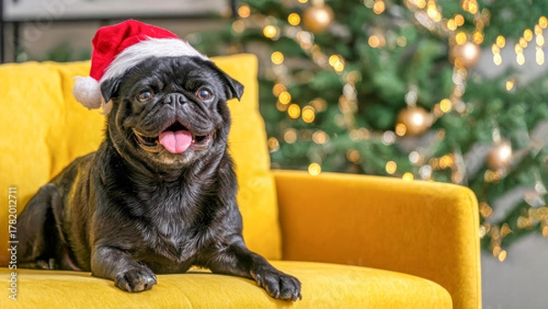 Fototapeta Festive pug wearing a Santa hat relaxing on a bright yellow couch beside a beautifully decorated Christmas tree