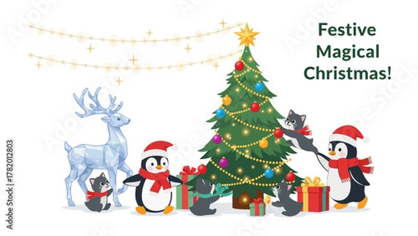 Fototapeta Festive Magical Christmas: Enchanting Christmas scene unfolds, with adorable penguins and a decorated tree exuding holiday cheer, capturing the essence of a truly magical Christmas.