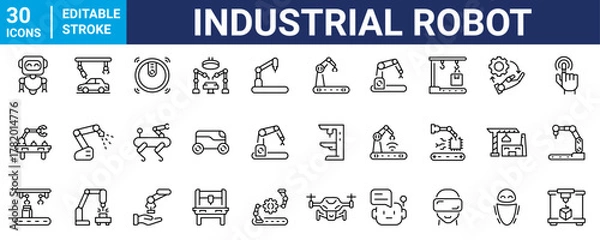 Fototapeta industrial robotics and automation technology web line icons. engineering interfaces, and smart industry. Editable stroke. Vector illustration