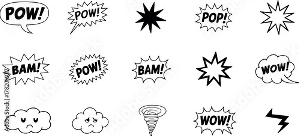 Fototapeta Collection of comic book style sound effect words and symbols like pow, bam, pop, wow, and explosion shapes, isolated on transparent background
