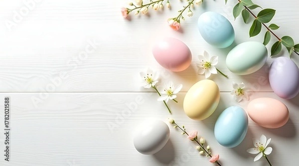 Obraz Minimalist and elegant Easter background, a perfect top-down photorealistic flat lay featuring seven smooth pastel eggs and cherry blossoms, utilizing clean daylight and expansive copy space.