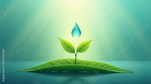 Obraz High-quality symbolic digital painting: A translucent tear drop of climate change impact falling onto a vibrant green leaf, from which a glowing renewable energy seedling sprouts towards warm light.