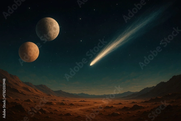 Fototapeta Comet and two moons illuminate alien desert landscape