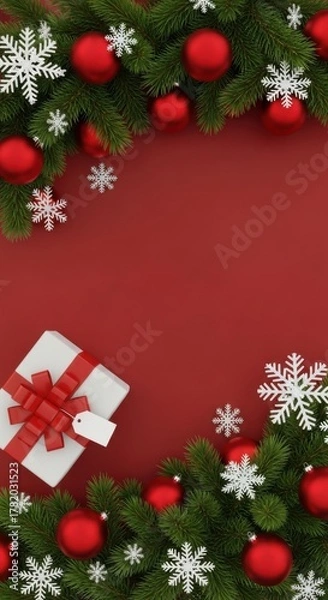 Obraz Christmas background with fir branches, red baubles, snowflakes and gift box.