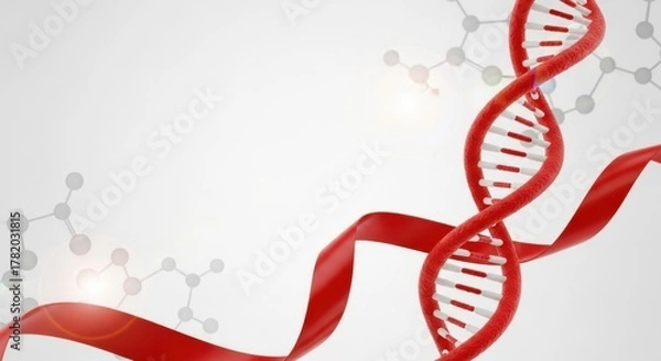 Fototapeta Red dna strand with ribbon and molecule structures, genetic research concept.