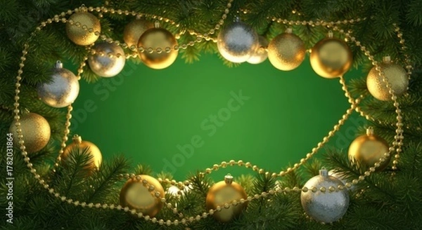 Obraz Christmas frame with baubles, beads, and fir tree branches on green background.
