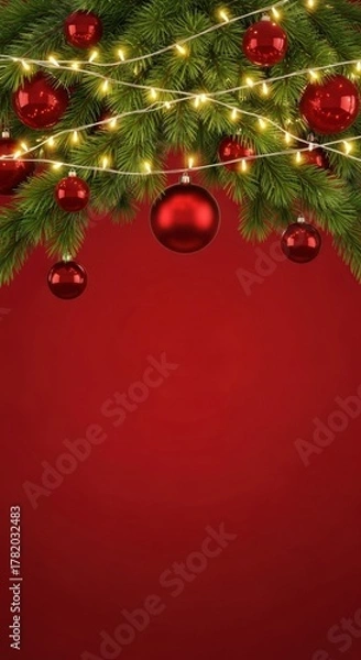 Fototapeta Festive evergreen branches with red ornaments and string lights on red background.