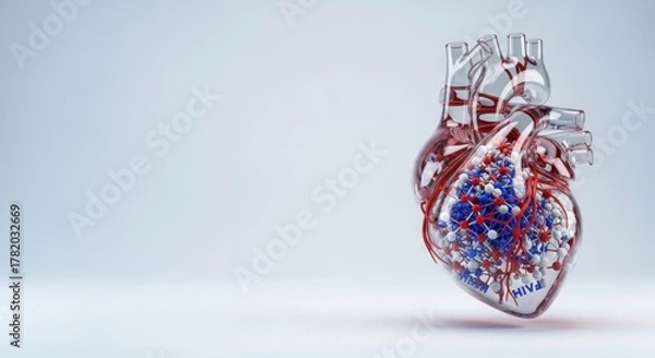 Fototapeta Translucent heart with hiv virus model inside. Concept for healthcare and medicine.