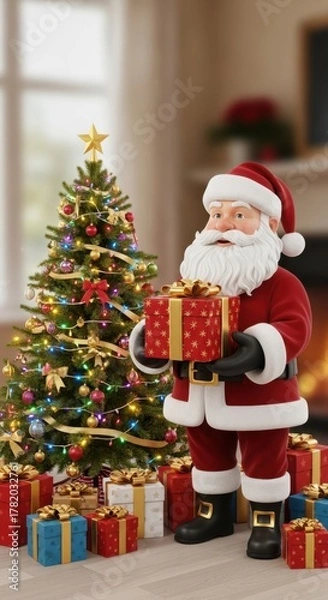 Obraz Santa claus with christmas presents and a christmas tree in a cozy living room.