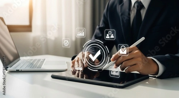 Fototapeta Business professional using digital technology for quality assurance and verification