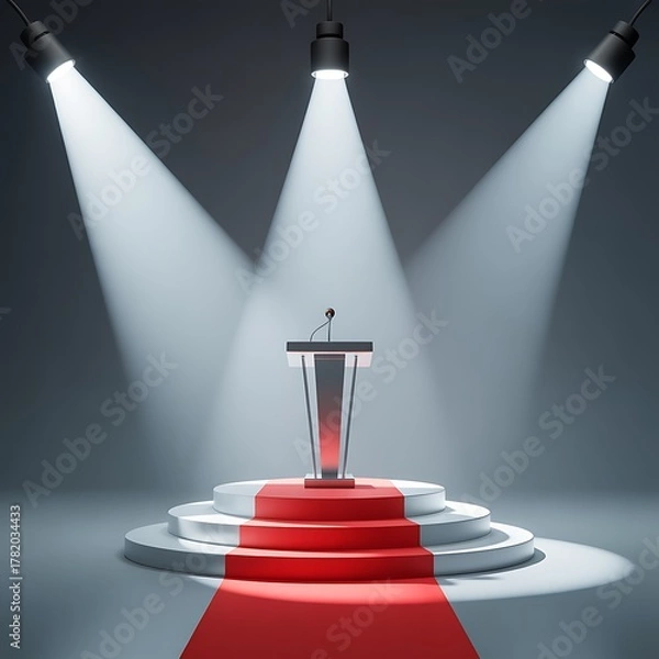 Obraz Spotlit podium with red carpet and three spotlights
