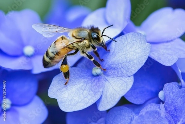Fototapeta Honeybee Pollinating Delicate Blue Hydrangea Flowers in Natural Close-Up Photography