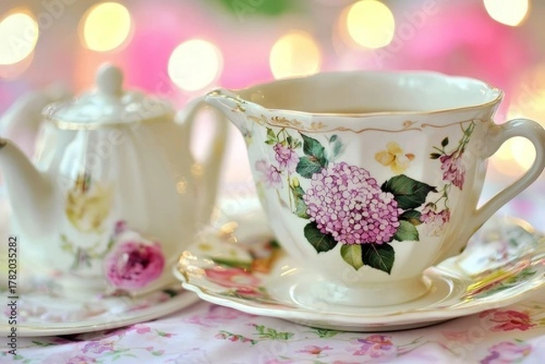 Fototapeta Elegant Floral Tea Party Setup with Hydrangea Design for Special Celebrations and Gatherings