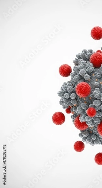 Fototapeta Detailed 3d render of a virus cell with red spheres on a white clinical background.