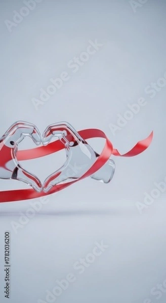 Fototapeta Hands forming heart shape with red ribbon. Symbol of love, care, and appreciation.