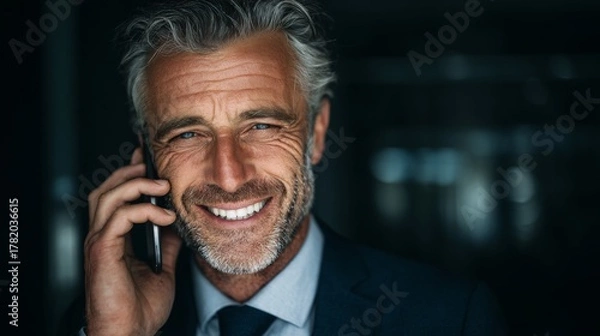 Fototapeta Digital age networking: unveiling a leader's undeniable smile. Editorial use. Business leader in modern office: a bright vision of success. Breaking news. Daily life.