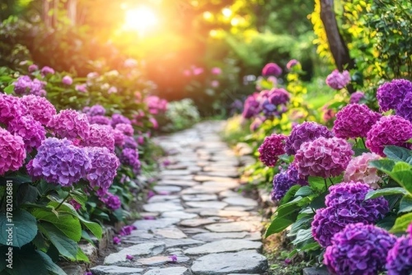 Obraz Serene Stone Pathway Surrounded by Vibrant Hydrangeas in Gentle Ambient Light
