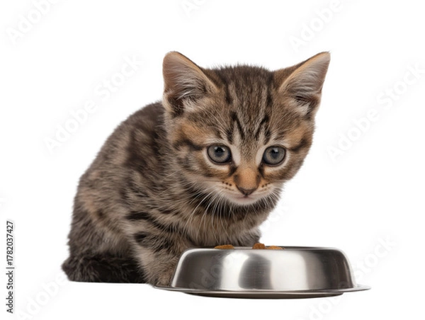 Obraz Little cat isolated, young kitten eating cat food from a food bowl, adorable kitten close-up portrait, isolated on a transparent background, professional pet photography, pet food advertising concept