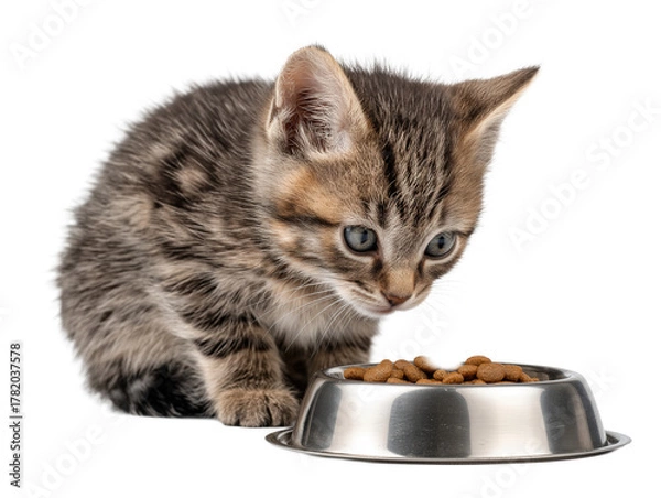 Obraz Little cat isolated, young kitten eating cat food from a food bowl, adorable kitten close-up portrait, isolated on a transparent background, professional pet photography, pet food advertising concept