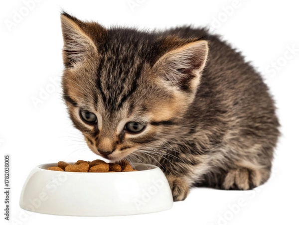 Obraz Little cat isolated, young kitten eating cat food from a food bowl, adorable kitten close-up portrait, isolated on a transparent background, professional pet photography, pet food advertising concept