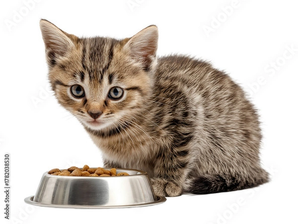 Obraz Little cat isolated, young kitten eating cat food from a food bowl, adorable kitten close-up portrait, isolated on a transparent background, professional pet photography, pet food advertising concept