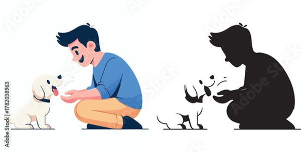 Fototapeta  Set of vector and shilhouttes images of men and dogs on a white background