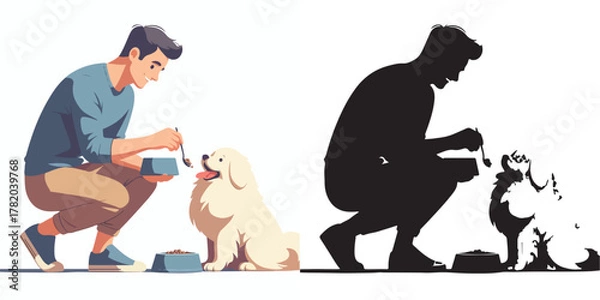 Fototapeta  Set of vector and shilhouttes images of men and dogs on a white background