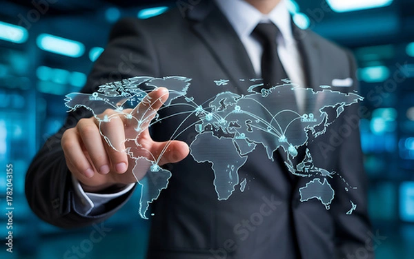 Fototapeta Businessman touching a glowing world map with connections, symbolizing global business and technology