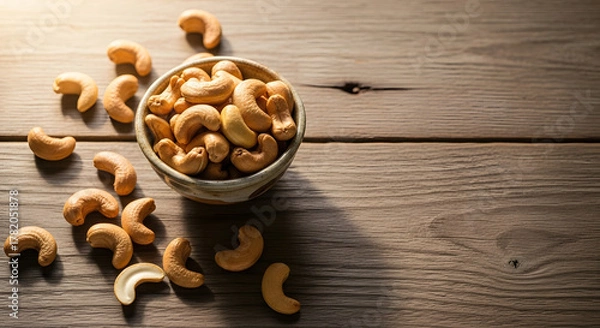 Obraz Ceramic bowl filled with cashew nuts on rustic wooden table