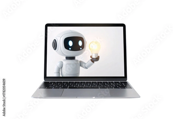 Fototapeta Robot laptop computer screen artificial intelligence technology cute white assistant innovation digital learning device, isolated on a transparent background