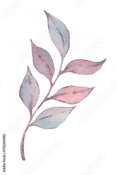 Obraz Watercolor branch with purple and pink leaves. Hand-drawn illustration with blue, purple, and pink leaves. Design and decoration for textiles and packaging.