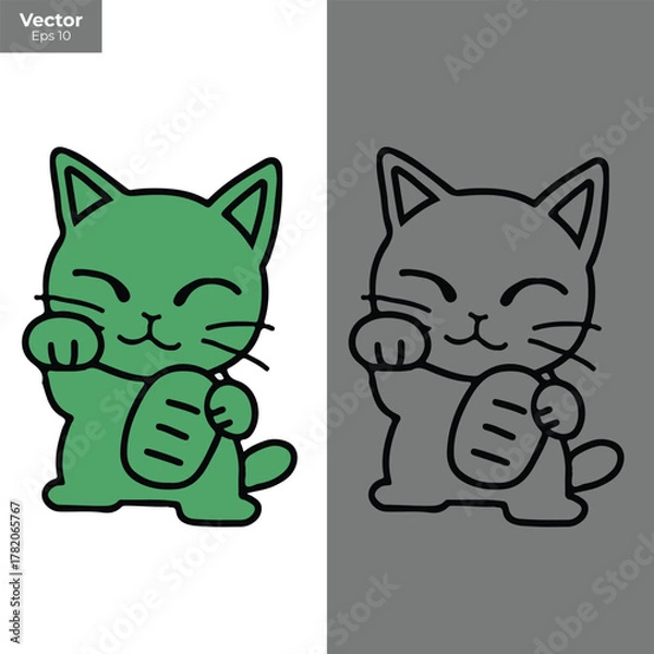 Fototapeta Cute green maneki neko cat waving its paw for good luck, isolated on white background