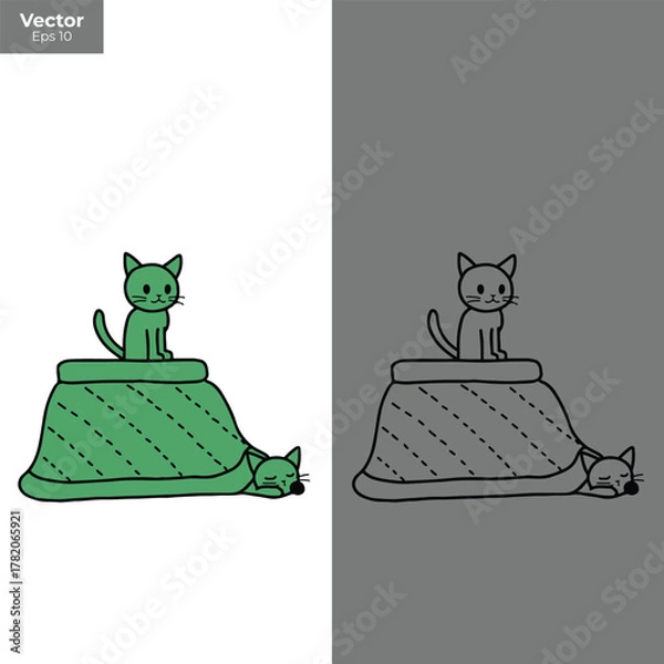 Obraz Two cute cats, one sitting and one sleeping, on a green kotatsu table, isolated on white background