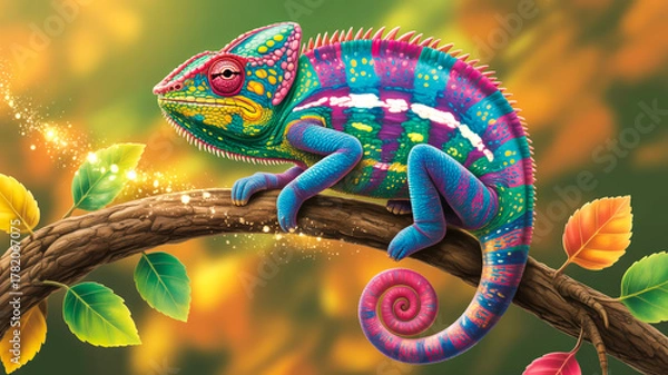 Fototapeta A digital art illustration of a vibrant, colorful chameleon perched on a brown tree branch