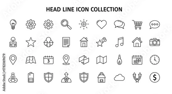 Fototapeta A comprehensive collection of outline icons representing various items, perfect for graphic and web design, app development, advertisements, and diverse card applications. This vector cartoon