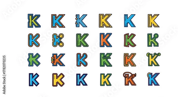 Fototapeta Collection of Diverse 'K' Monogram Logo Designs, Vector Cartoon Illustrations with a White Background, Featuring Various Colors and Styles, Perfect for Branding and Graphic Resources, Ordered Set of