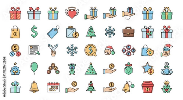 Fototapeta A vibrant collection of modern outline-style icons representing gifts, charity, holidays, and business concepts, featuring presents, shopping bags, dollar signs, snowflakes, Christmas trees, and