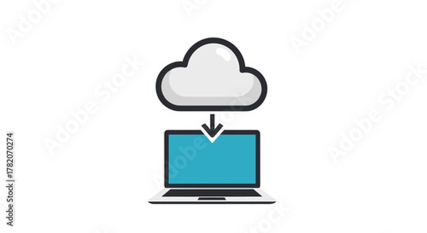 Fototapeta Minimalistic vector illustration of a laptop receiving data from a cloud icon, symbolizing cloud computing, data download, online storage, and digital transfer. This clean, modern graphic is perfect